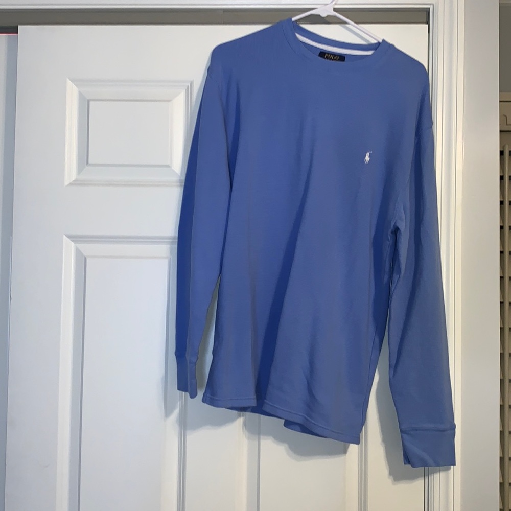 XL mens waffle long sleeve polo baby blue with white horse